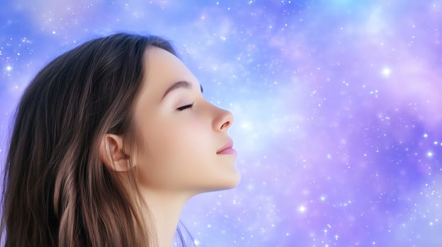 Woman meditating in a cosmic sky relaxation and serenity concept photo