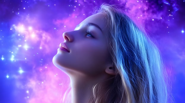 Woman looking up to the stars dreamy cosmic portrait photo