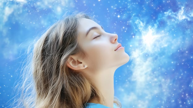 Woman head tilted upward in contemplation against starry sky photo