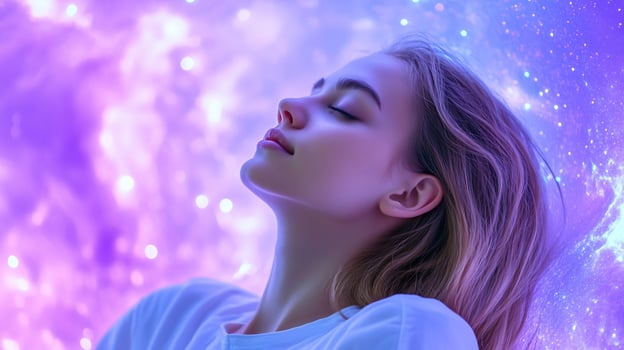 Woman profile in dreamy purple space background relaxation and meditation concept photo