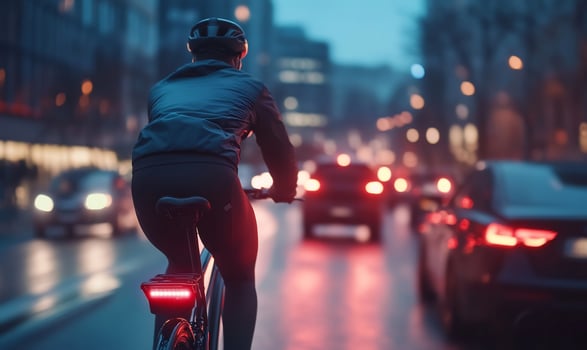 Urban cycling at dusk city street bike rider car light trails photo