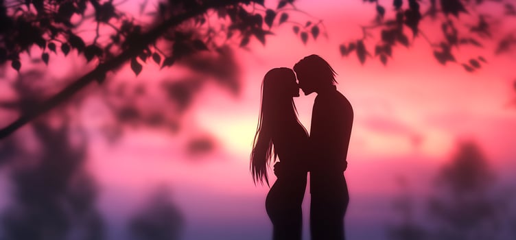 Romantic couple silhouette embrace in pink dusk illustration image photo