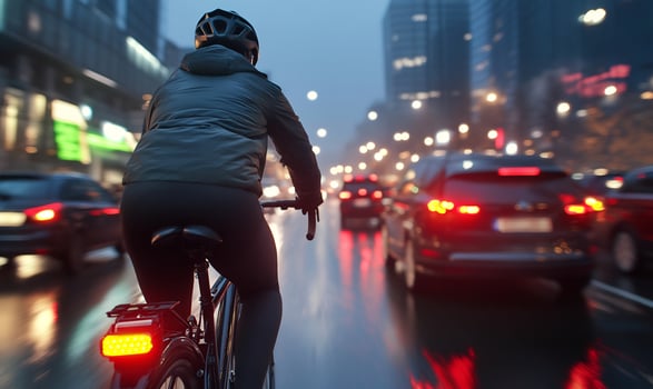 Cyclist ride in city traffic dark evening photo