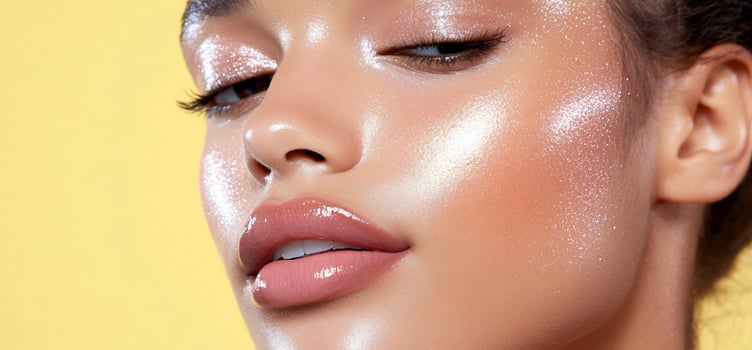 Portrait of a beautiful woman with glowing skin against yellow backdrop photo