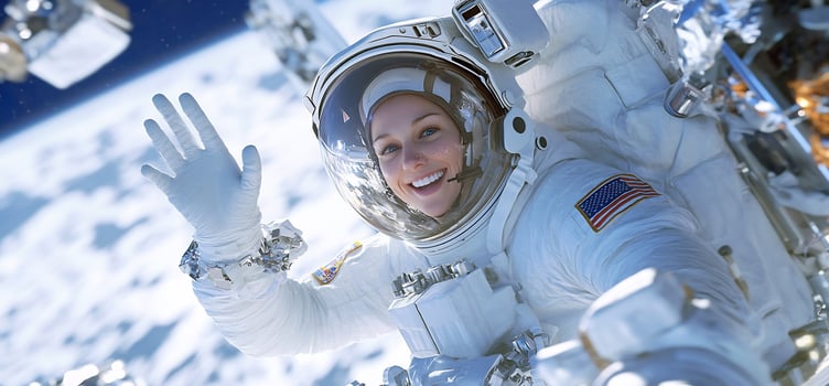 Astronaut waving in space exploring universe and technology photo