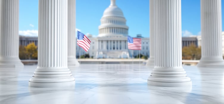 Classical architecture with flags and government building photo