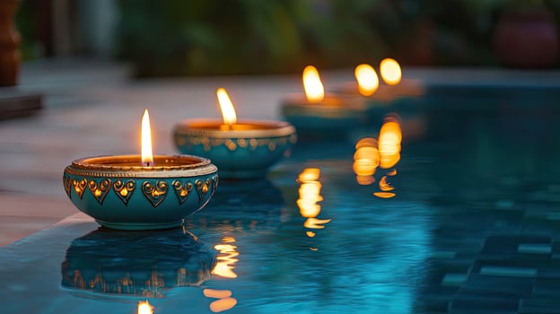 Three decorative tealight holders are floating on the water surface reflecting flame glow photo