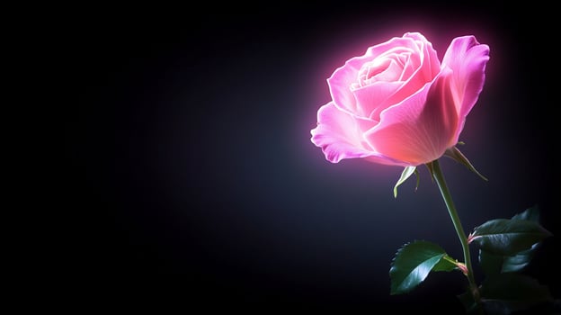 Radiant pink rose bloom on black background for valentines day or special occasion photo