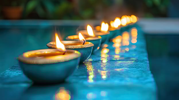 Several teal oil lamps with flames placed along a ledge above water shimmer softly photo