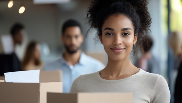Smiling office worker with cardboard boxes in workplace relocation and teamwork photo