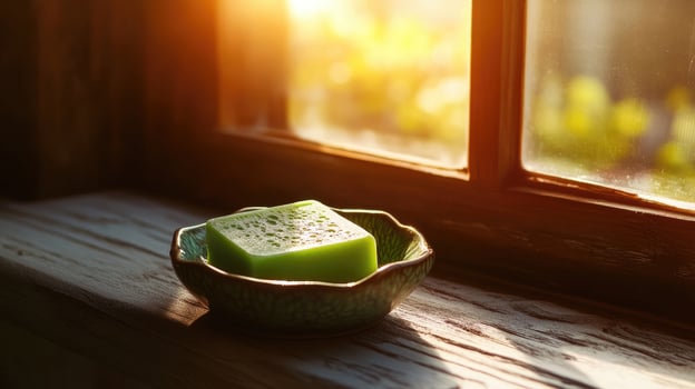A sunlight illuminates the green soap bar inside decorative bowl beside an old window photo