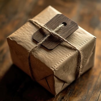 Brown paper package tied with string resting on a rustic wooden surface shows attention to detail photo