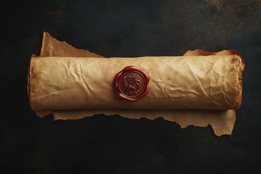 Scroll of parchment sealed with a brown wax stamp rests upon a dark background photo