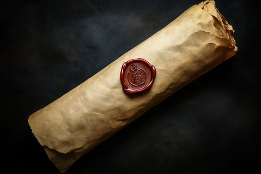 Ancient scroll sealed with vintage wax lies on a dark background, evoking mystery photo