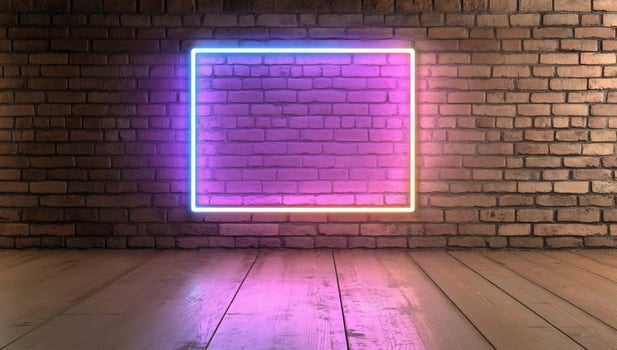 Neon rectangle frame against brick wall with reflective wooden floor background photo