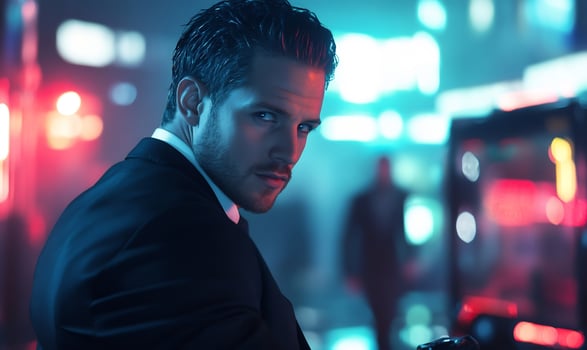 Man in suit with neon cityscape portrait photo