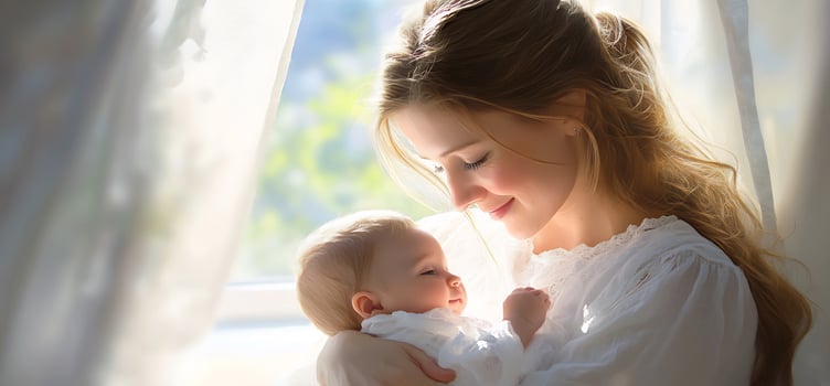 Mother holding newborn baby with love and tenderness near window bathed in soft natural light photo