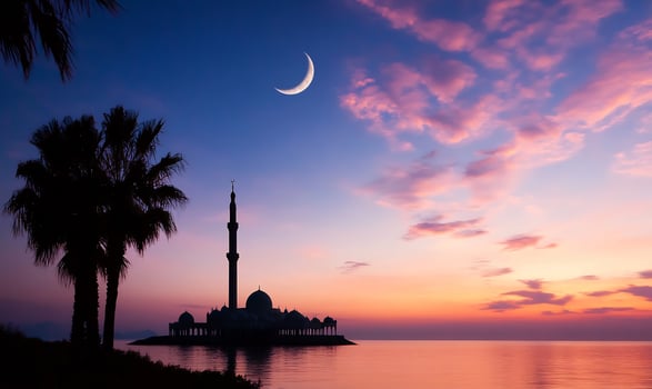 Dramatic sunset or sunrise silhouette landscape with crescent moon and palm tree photo