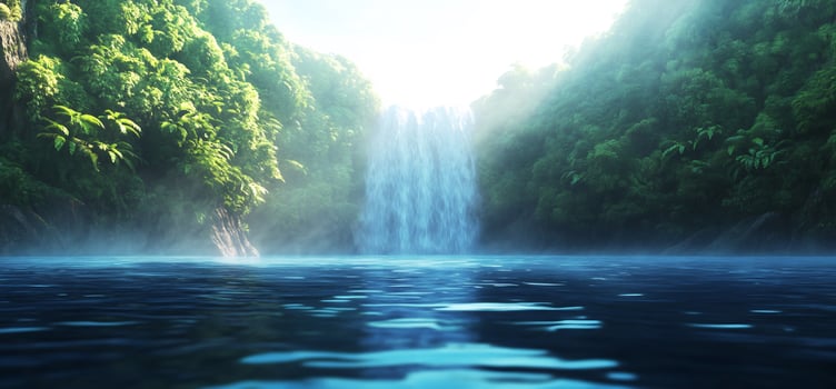 Serene waterfall in lush green landscape nature scenery photo