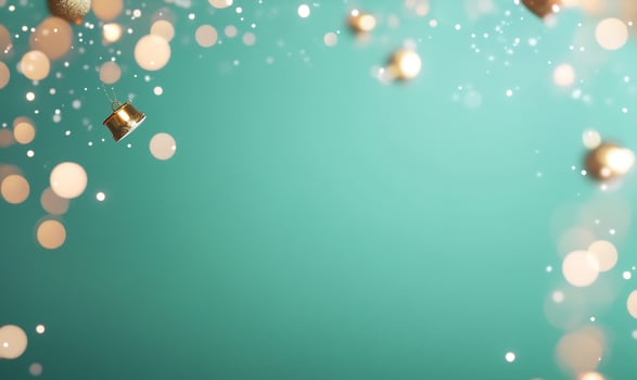 Elegant golden ornaments on teal background with bokeh lights festive decorative abstract design photo