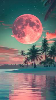 Giant full pink moon sets over serene ocean near palm tree lined beach photo