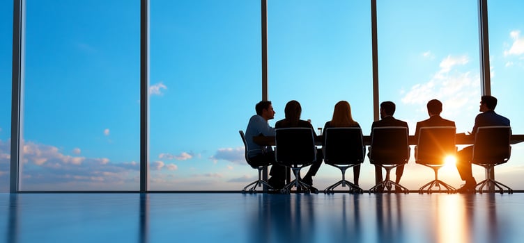 Business meeting at sunset with skyline view teamwork collaboration corporate strategy photo
