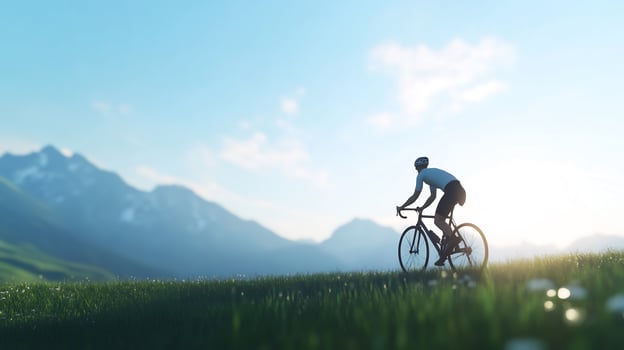 Cyclist riding bike on scenic green meadow with mountain background photo