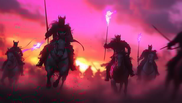 Silhouetted riders with torches against fiery sky horseback warriors marching photo