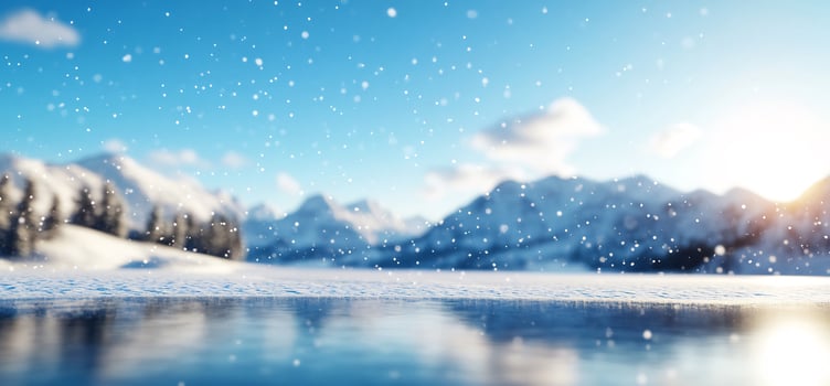 Winter landscape with snowfall and frozen lake photo
