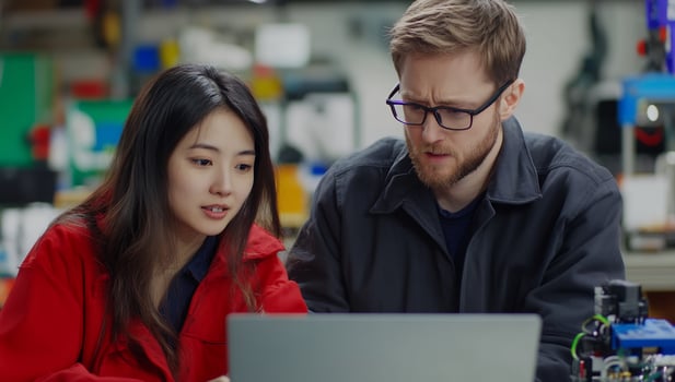 Engineers develop technology prototype with laptop collaboration photo