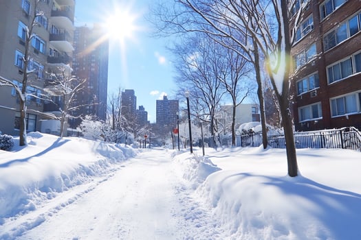 Snowy urban landscape with buildings trees and sunlight in winter photo