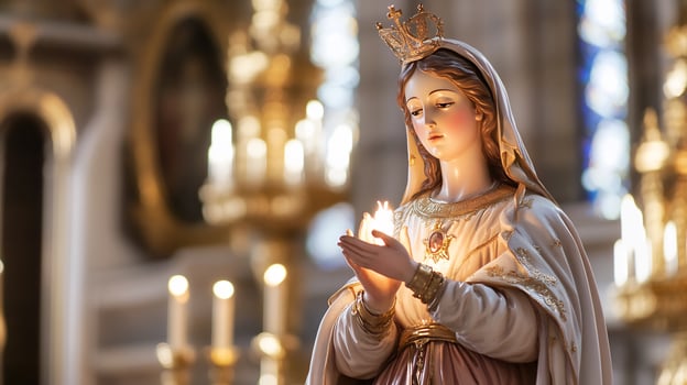 Religious statue with flame in church interior photo