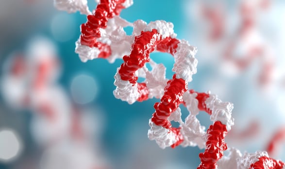 Abstract double helix structure representation of molecular biology in red and white photo