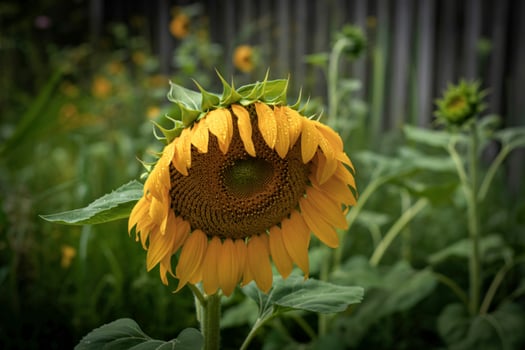 A wilted sunflower facing downward in a garden photo
