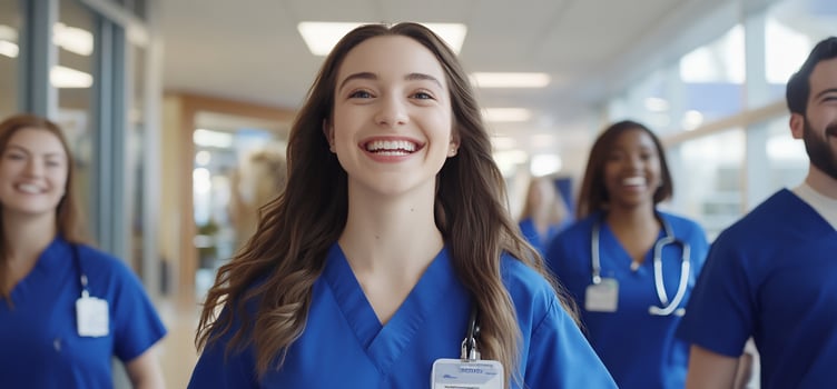 Smiling medical team walking in hospital corridor photo