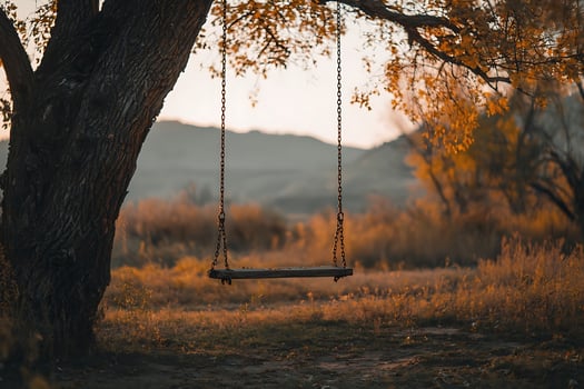 Rustic Tree Swing at Dusk, Chains, Autumn Leaves, and Serene Landscape photo