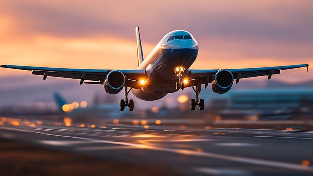 Commercial passenger jet airplane taking off from airport runway at beautiful golden hour sunset with bright landing lights. photo