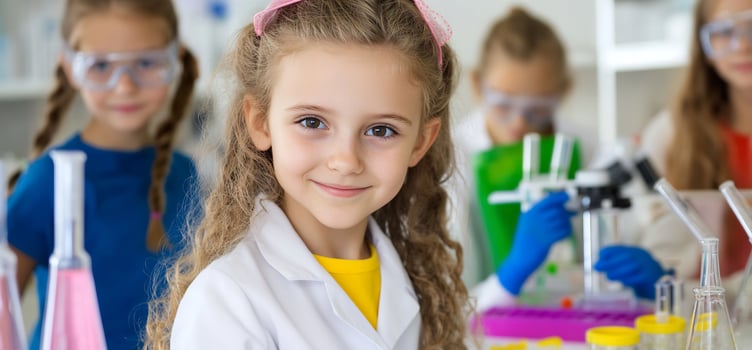 Young girl scientist conducts science experiment in lab photo