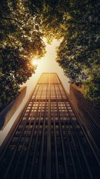 Low angle view shows a tall skyscraper and green trees against a sunny sky photo