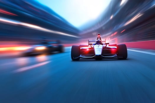 Race car speeding on track with motion blur transportation and competition concept photo