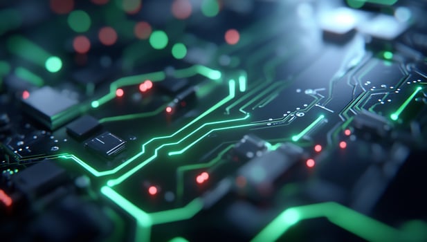 Modern circuit board close up abstract electronic technology data flow photo