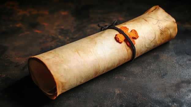 Aged scroll tied with dark cord and orange flower rests on dark textured surface photo