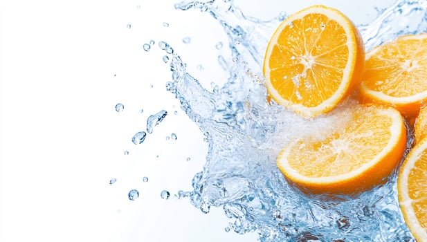 Fresh citrus fruit in splashing water with vibrant colors and natural refreshment photo