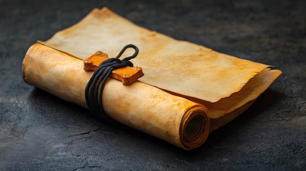 Rolled parchment is secured with black cord and amber fragment on dark surface photo