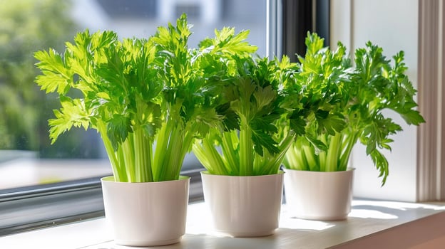 Celery plants in pots by a window fresh indoor herbs photo