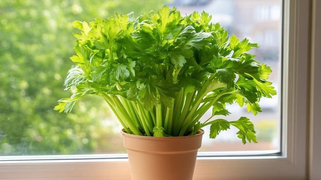 Fresh celery plant growing in pot on windowsill photo
