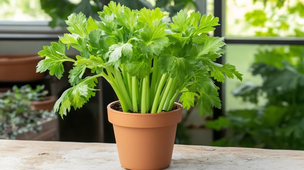 Vibrant celery plant in terracotta pot fresh organic herb growing indoors photo