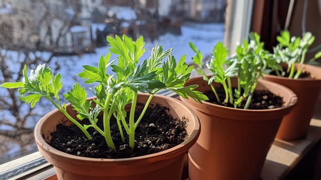 Indoor potted plant seedlings growing on windowsill terracotta pots in natural light photo