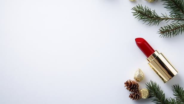 Festive red lipstick with christmas decoration on white background flat lay photo