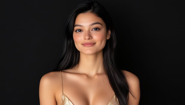 Portrait of a beautiful young woman with long dark hair smiling gently photo